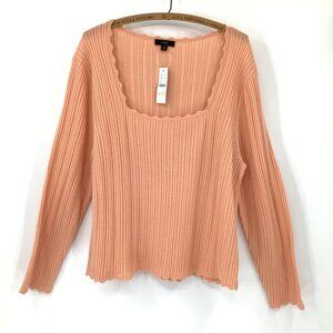 J.Crew Cropped Sweater 2X Peach Scalloped Neckline Long Sleeve 100% Merino Wool